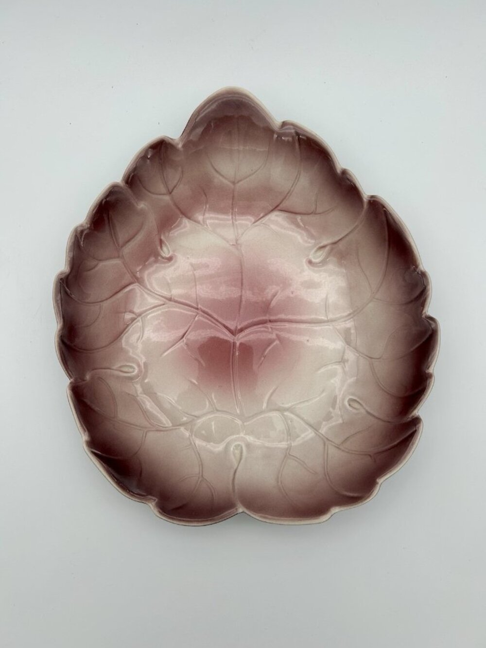 Los Angeles Potteries #440 Large Leaf Bowl Pink/Mauve/Burgundy Ombre- 10"x 11"